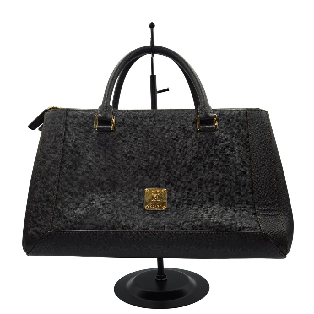 MCM Satchel Top Handle Handbag Purse Designer Logo Brown Leather